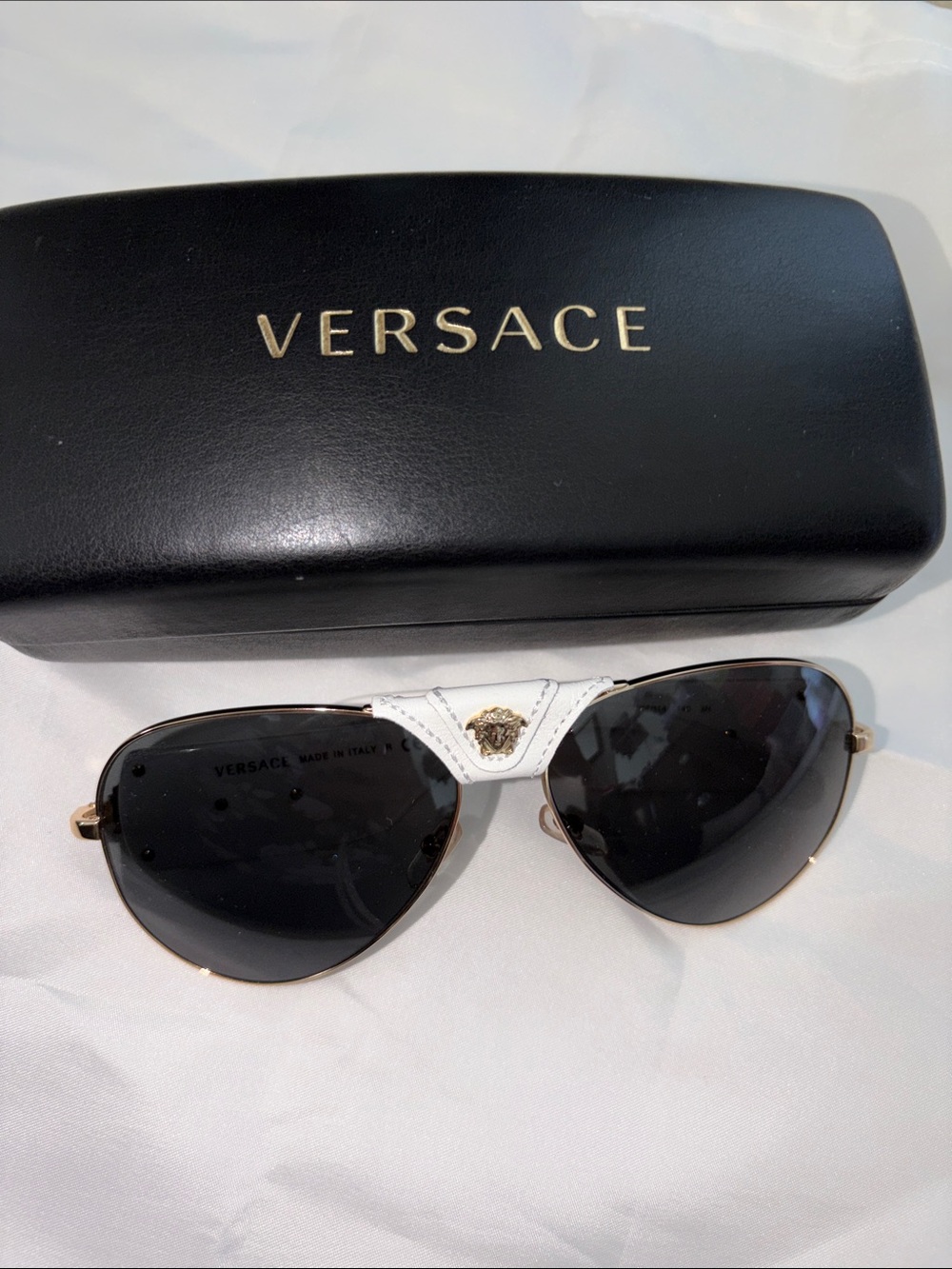 Versace Unisex Black Lens Aviator Sunglasses with White Bridge and Gold Accents